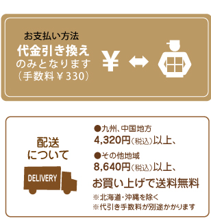 お支払い方法は、代金引き換えのみとなります。(手数料330円)　九州・中国地方は4,320円以上で、そのほか地域は8,640円以上お買い上げで送料無料となります。